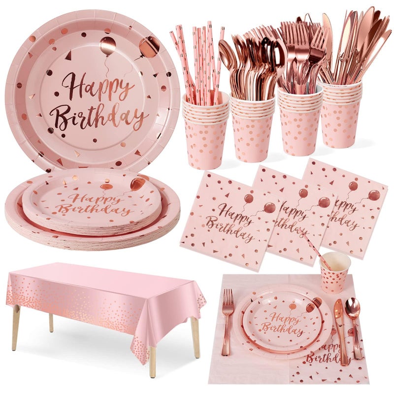 Nkaiso Birthday Party Tableware 161 Pieces Pink and Rosegold Party Supplies Party Dinnerware Sets Include Paper Plates Napkins Cups Silverware for Shower Engagement Parties Decoration 20 Serves